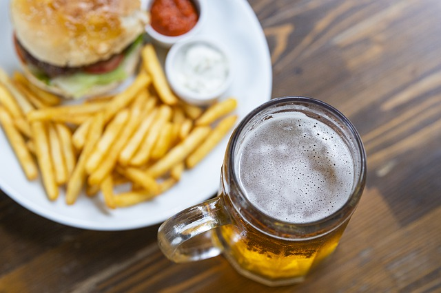 burger, beer, potatoes