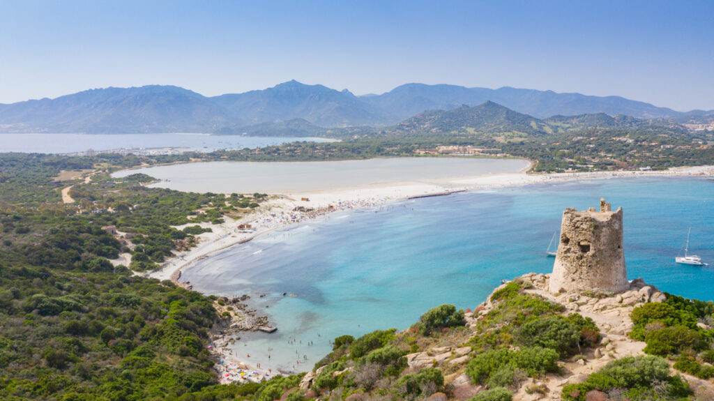 Aerial view of the beach of Porto Giunco (Spiaggia di Porto Giun