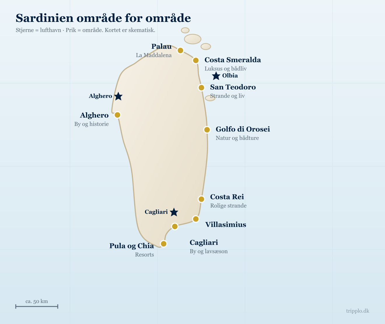 Kort over Sardiniens områder med Costa Smeralda, Palau, San Teodoro, Alghero, Golfo di Orosei, Costa Rei, Villasimius, Pula og Chia samt Cagliari og lufthavnene Olbia, Alghero og Cagliari