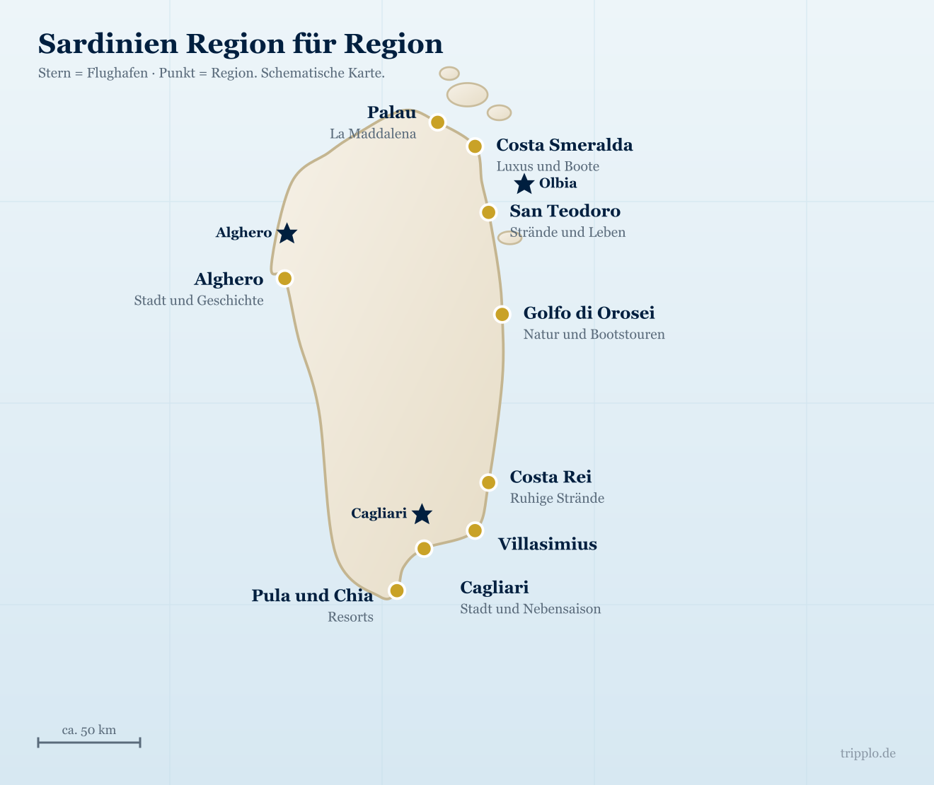 Karte der Regionen Sardiniens mit Costa Smeralda, Palau, San Teodoro, Alghero, Golfo di Orosei, Costa Rei, Villasimius, Pula und Chia sowie Cagliari und den Flughäfen Olbia, Alghero und Cagliari