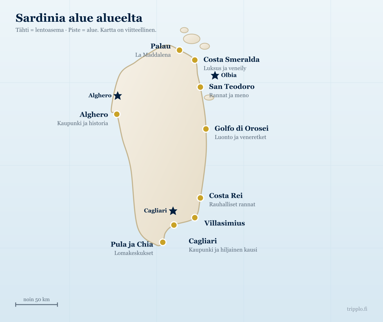 Kartta Sardinian alueista: Costa Smeralda, Palau, San Teodoro, Alghero, Golfo di Orosei, Costa Rei, Villasimius, Pula ja Chia sekä Cagliari, ja lentoasemat Olbia, Alghero ja Cagliari