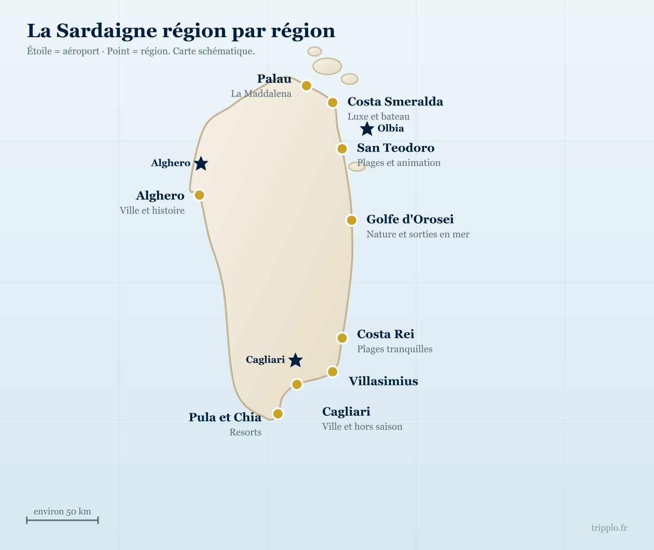 Carte des régions de la Sardaigne avec la Costa Smeralda, Palau, San Teodoro, Alghero, le Golfo di Orosei, la Costa Rei, Villasimius, Pula et Chia ainsi que Cagliari, et les aéroports d'Olbia, Alghero et Cagliari