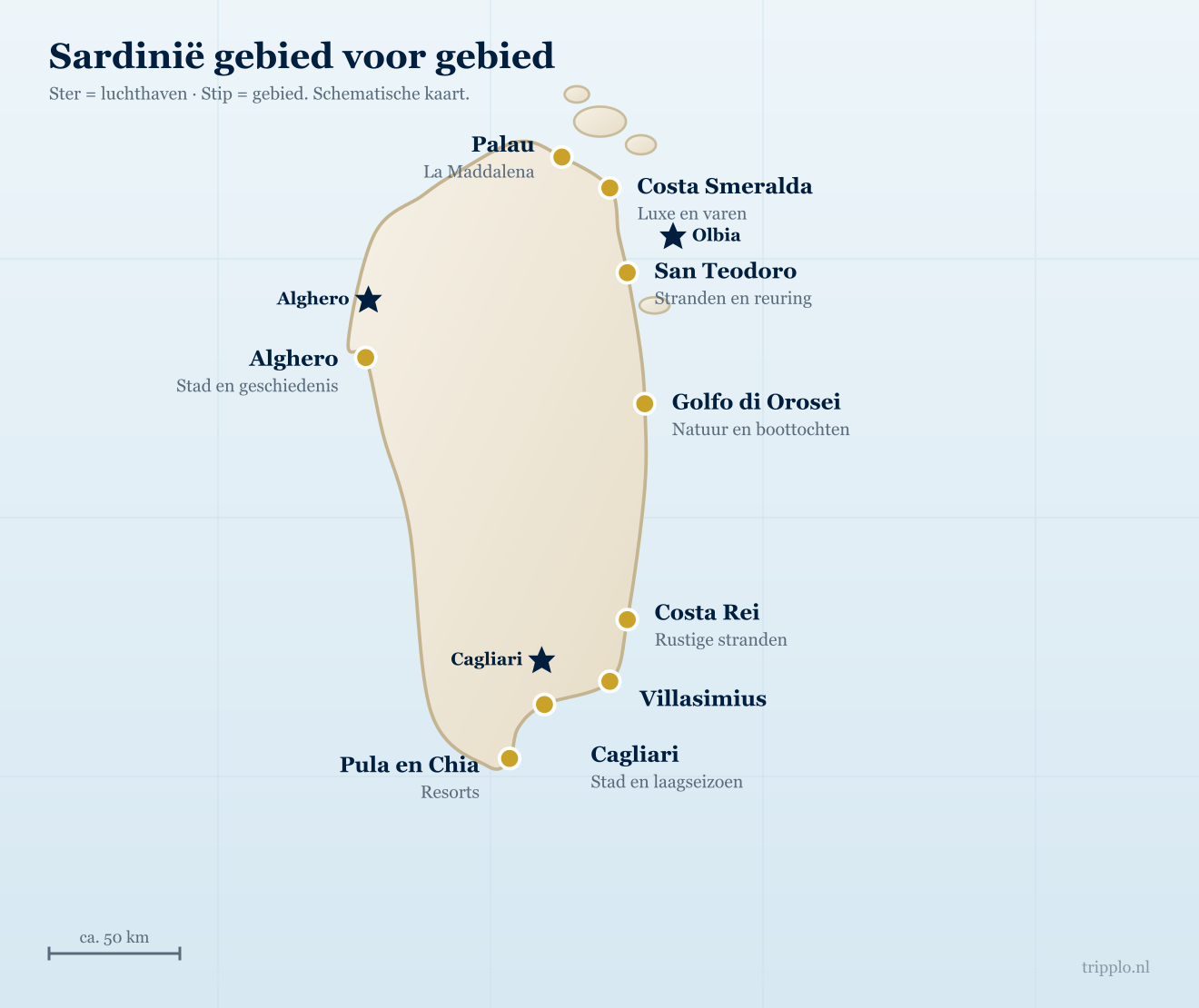 Kaart van de regio's van Sardinië met Costa Smeralda, Palau, San Teodoro, Alghero, Golfo di Orosei, Costa Rei, Villasimius, Pula en Chia en Cagliari, plus de luchthavens Olbia, Alghero en Cagliari