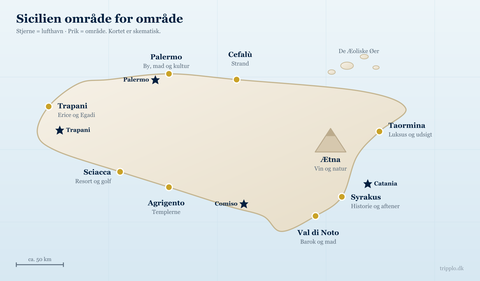 Kort over Siciliens områder med Taormina, Syrakus, Val di Noto, Ætna, Agrigento, Palermo, Cefalù, Sciacca og Trapani samt lufthavnene Catania, Palermo, Trapani og Comiso