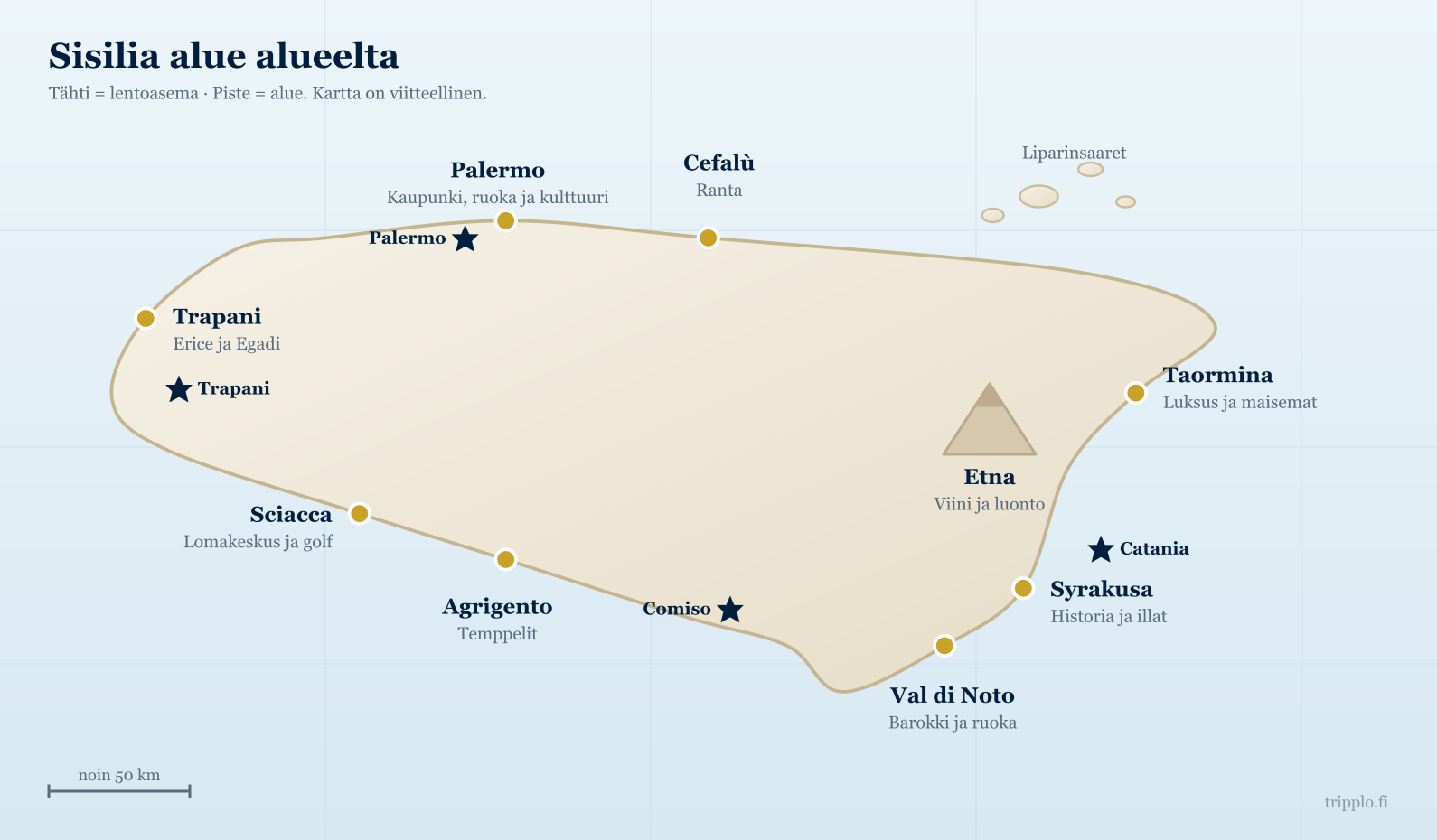 Kartta Sisilian alueista: Taormina, Syrakusa, Val di Noto, Etna, Agrigento, Palermo, Cefalù, Sciacca ja Trapani sekä lentoasemat Catania, Palermo, Trapani ja Comiso