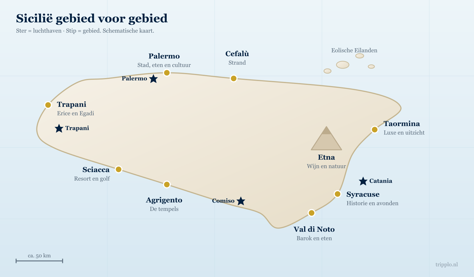 Kaart van de regio's van Sicilië met Taormina, Syracuse, Val di Noto, de Etna, Agrigento, Palermo, Cefalù, Sciacca en Trapani plus de luchthavens Catania, Palermo, Trapani en Comiso