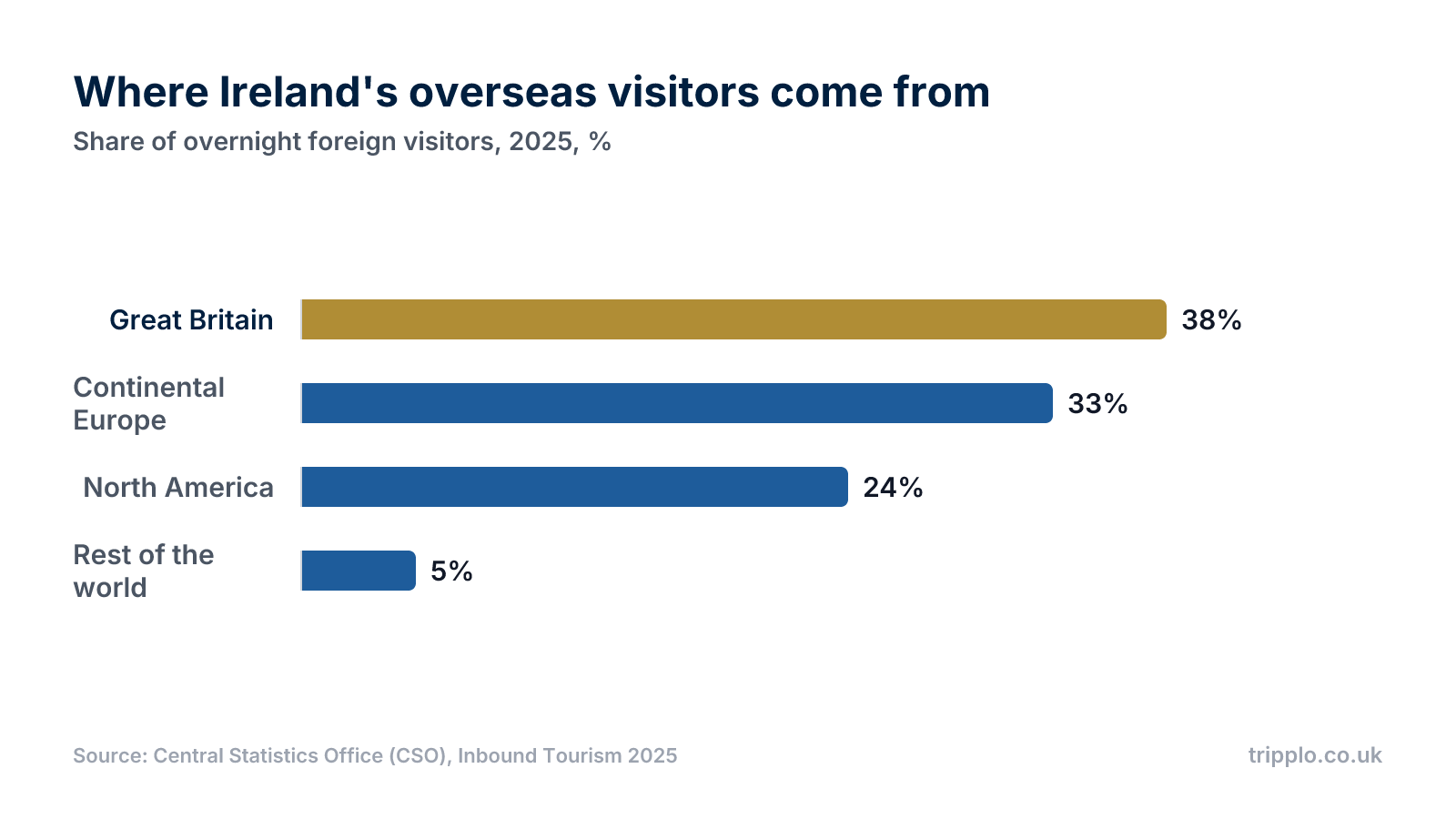 Horizontal bar chart of Ireland's 2025 visitor mix: Great Britain 38%, Continental Europe 33%, North America 24% and rest of the world 5%.