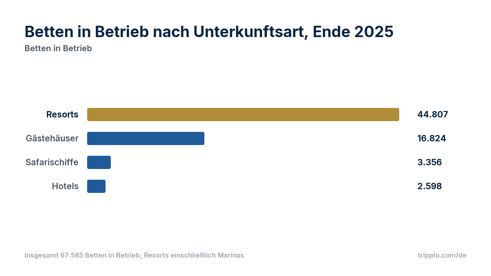 Balkendiagramm der Betten in Betrieb Ende 2025: Resorts 44.807, Gästehäuser 16.824, Safarischiffe 3.356, Hotels 2.598.